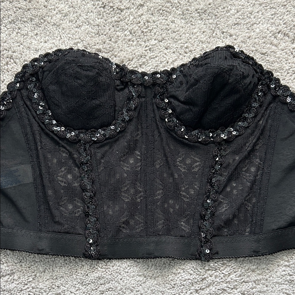 Vintage 1980’s Gelmart Black Sequin Lace Bra Corset Top sz 34 B